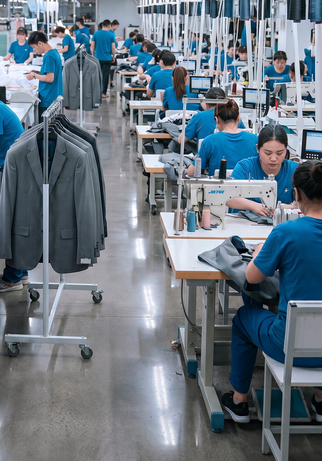 Apparel factory sewing line with workers at industrial machines, navy jackets hanging on an overhead rail above